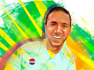 An illustration of a man with a Vote sticker on his shirt