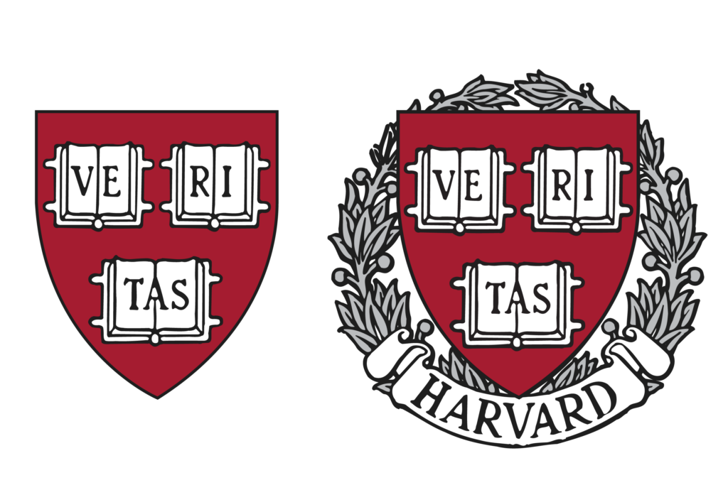 The Harvard Veritas shield next to the adorned shield (with wreath).